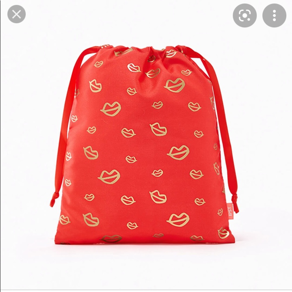 Ipsy draw string makeup bag Red gold Lips